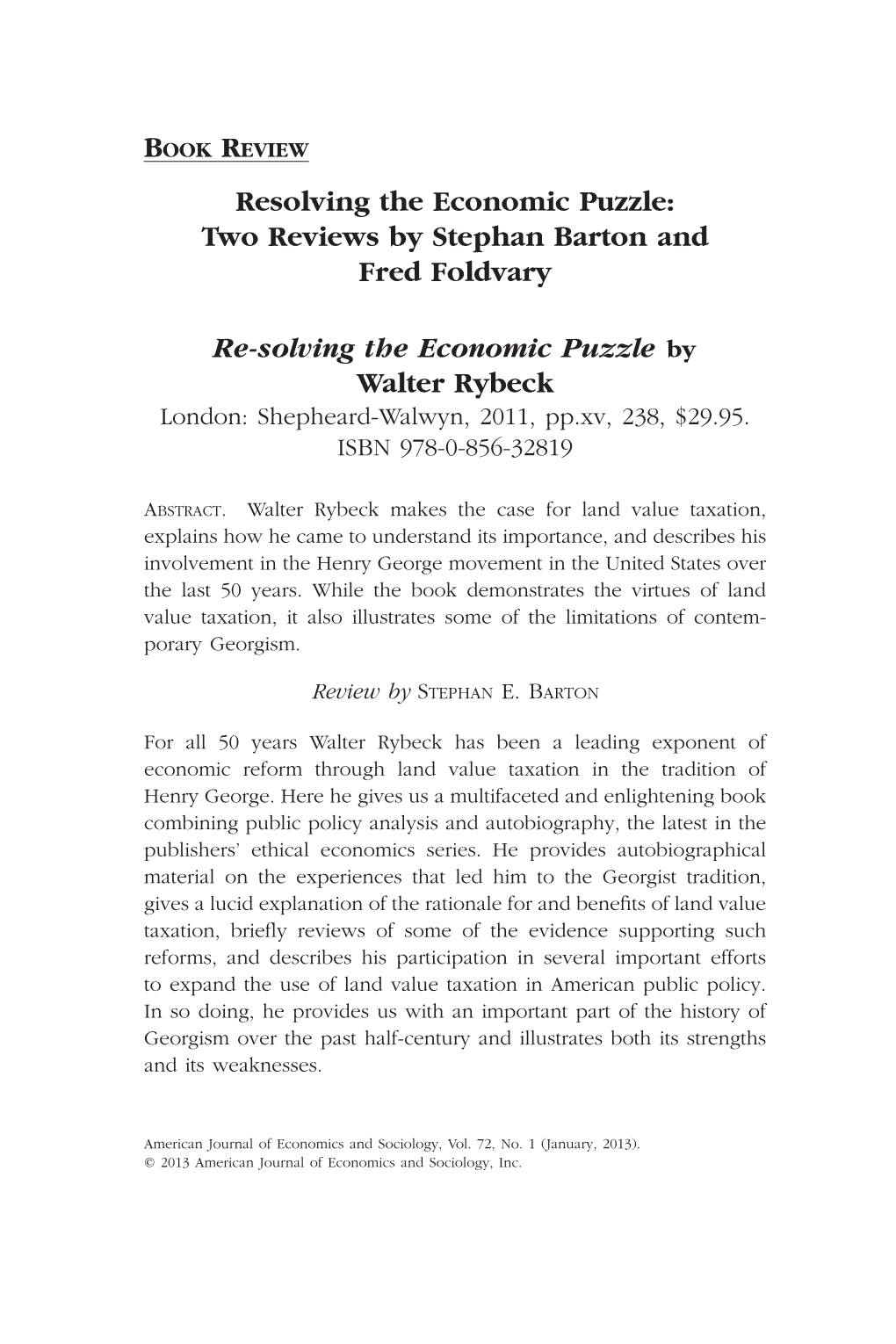 Resolving the Economic Puzzle: Two Reviews by Stephan Barton and Fred Foldvary