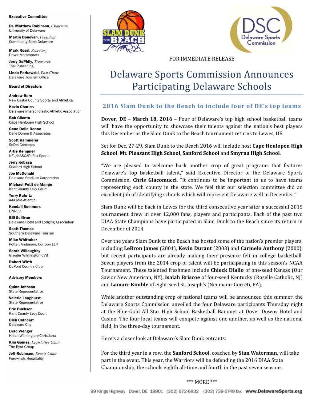 Delaware Sports Commission Announces Participating Delaware