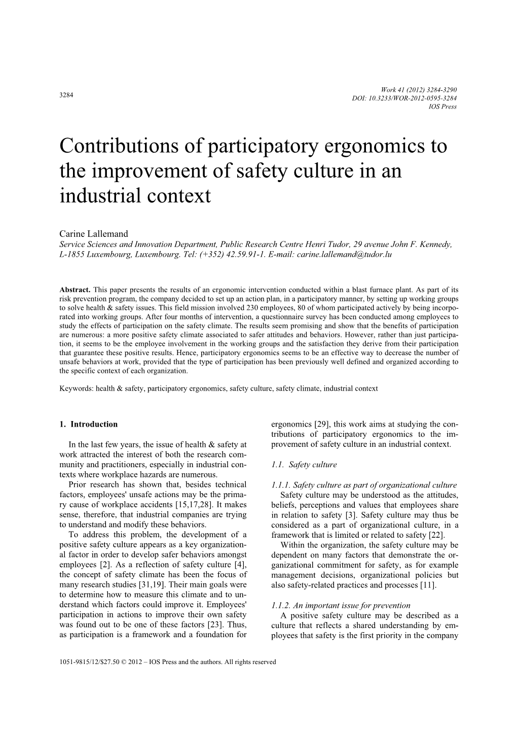 Contributions of Participatory Ergonomics to the Improvement of Safety Culture in an Industrial Context