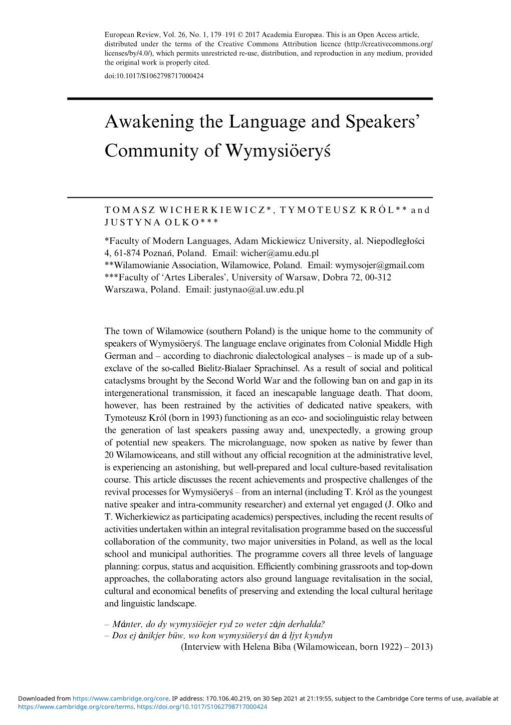 Awakening the Language and Speakers' Community of Wymysiöeryś