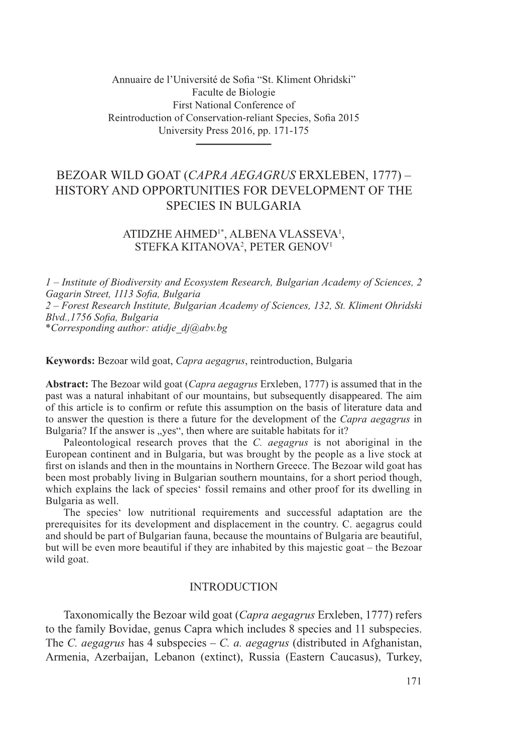 Bezoar Wild Goat (Capra Aegagrus Erxleben, 1777) – History and Opportunities for Development of the Species in Bulgaria