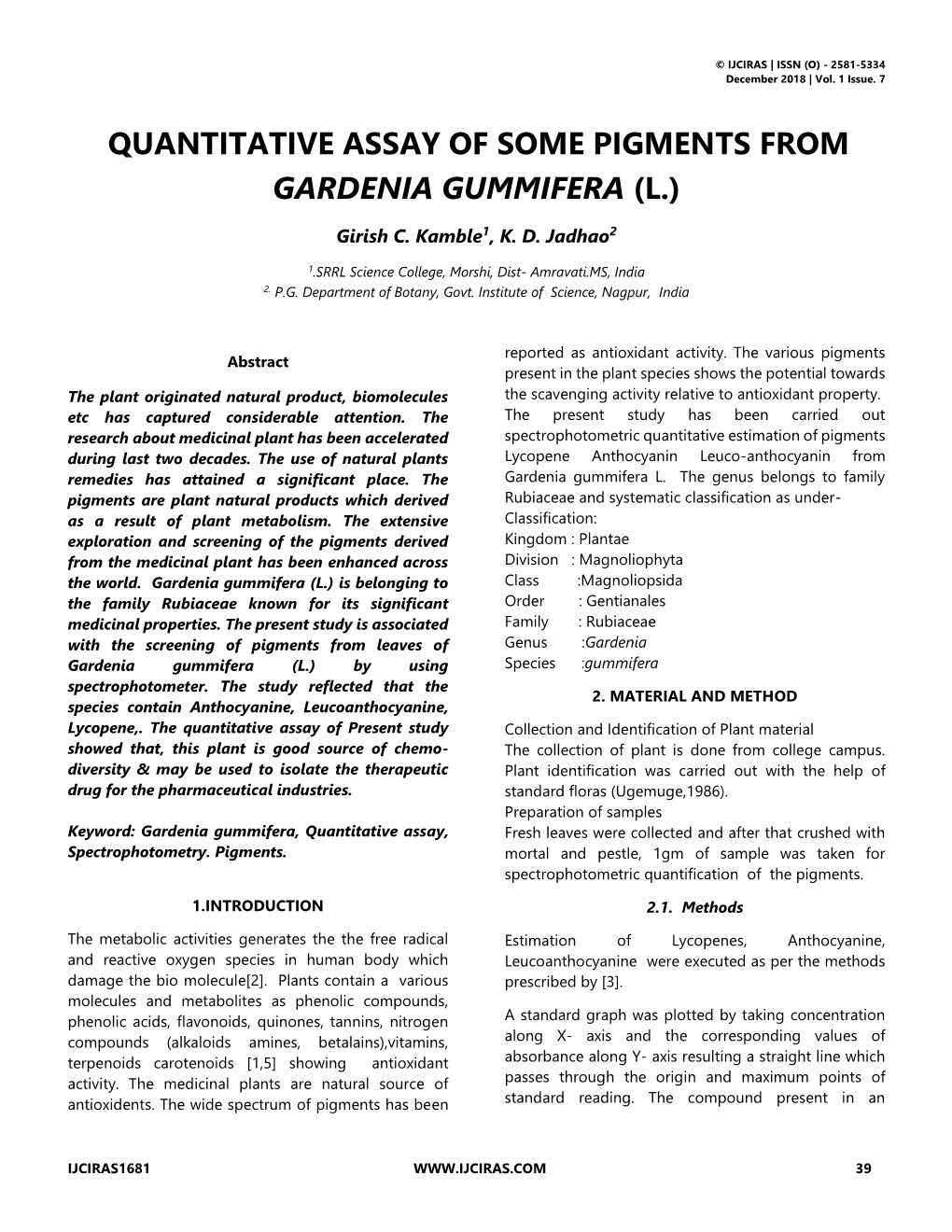 Quantitative Assay of Some Pigments from Gardenia Gummifera (L.)