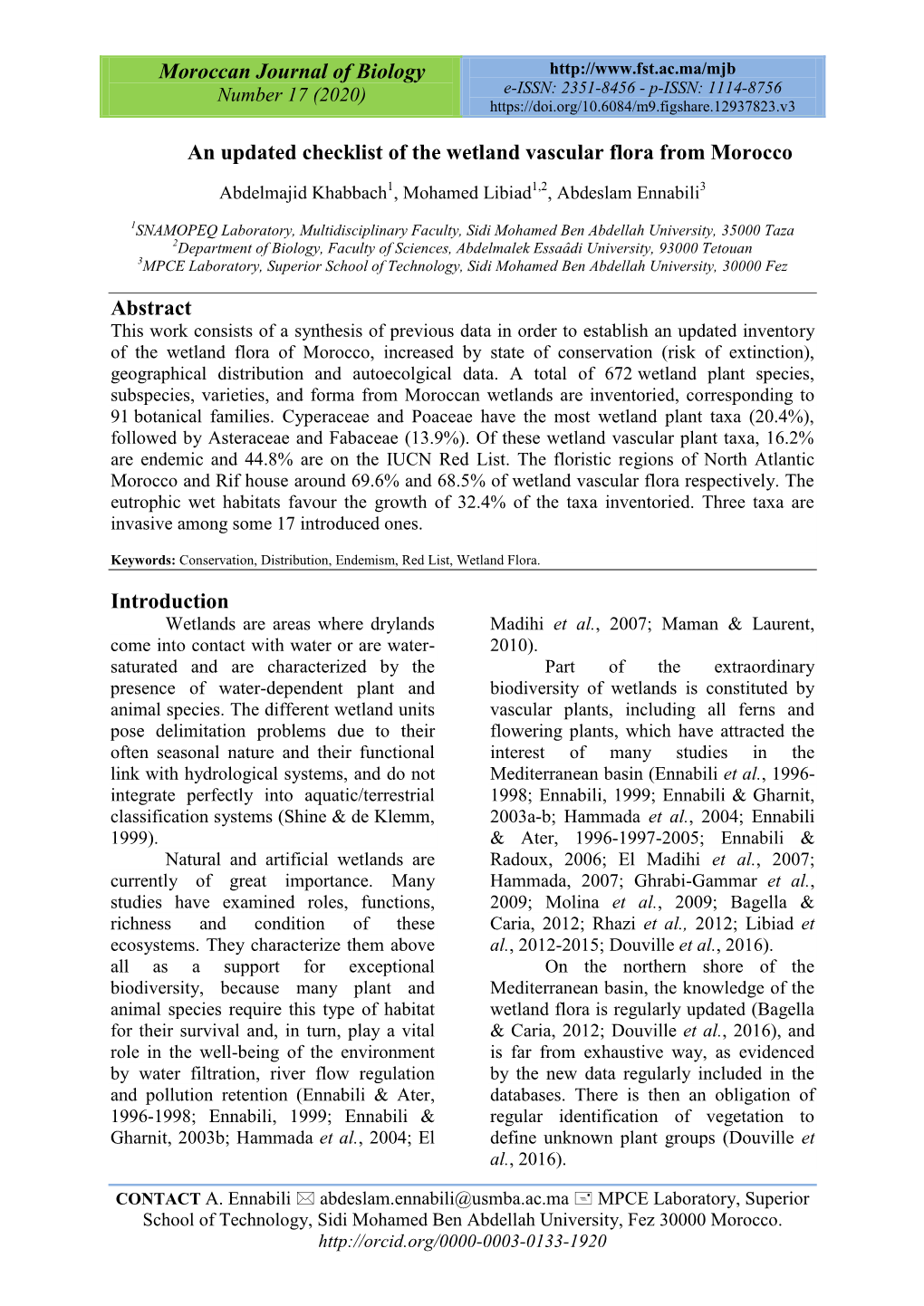 Moroccan Journal of Biology an Updated Checklist of the Wetland