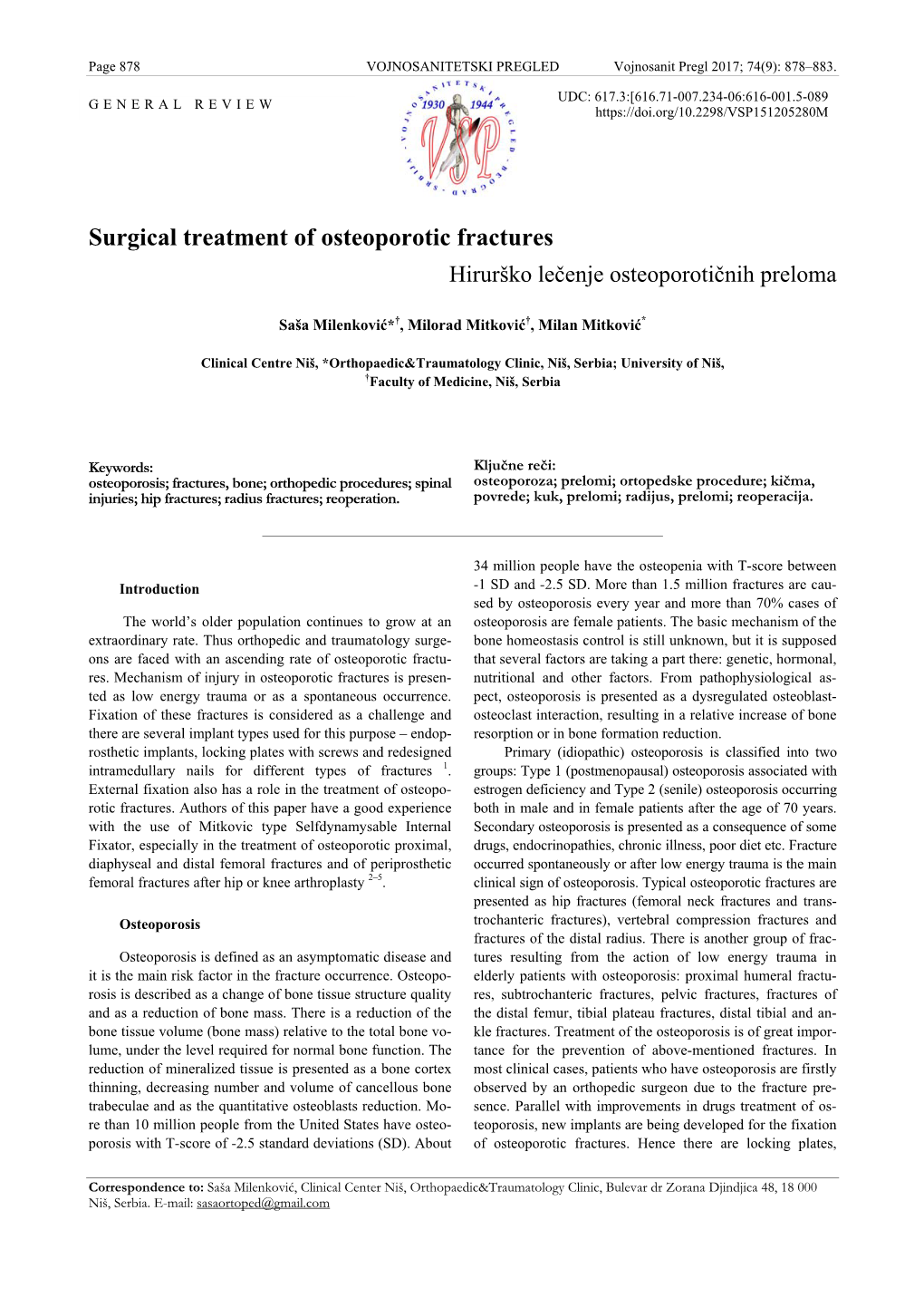 Surgical Treatment of Osteoporotic Fractures Hirurško Lečenje Osteoporotičnih Preloma