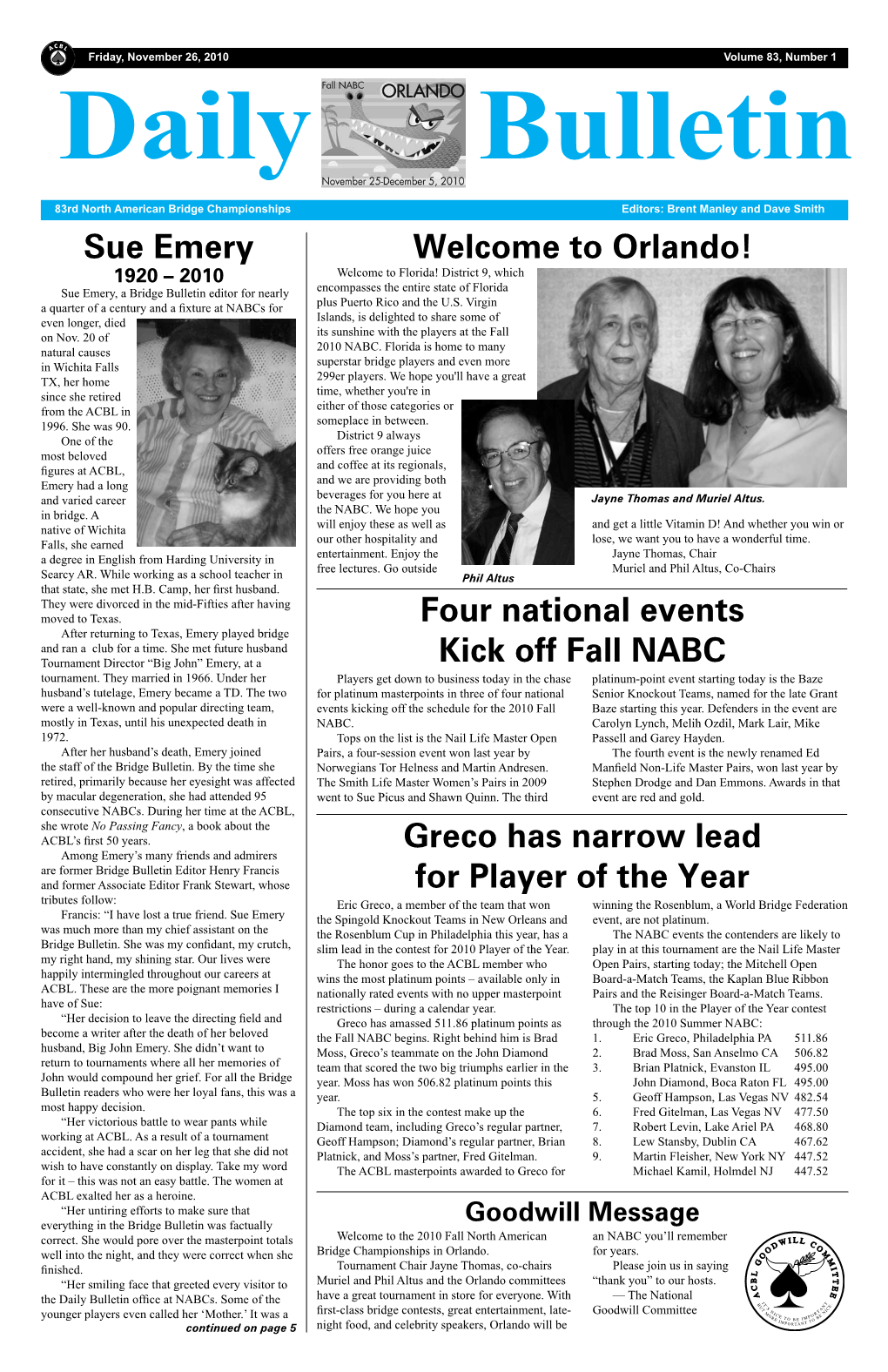 Sue Emery Greco Has Narrow Lead for Player of the Year Four National Events Kick Off Fall NABC Welcome to Orlando!