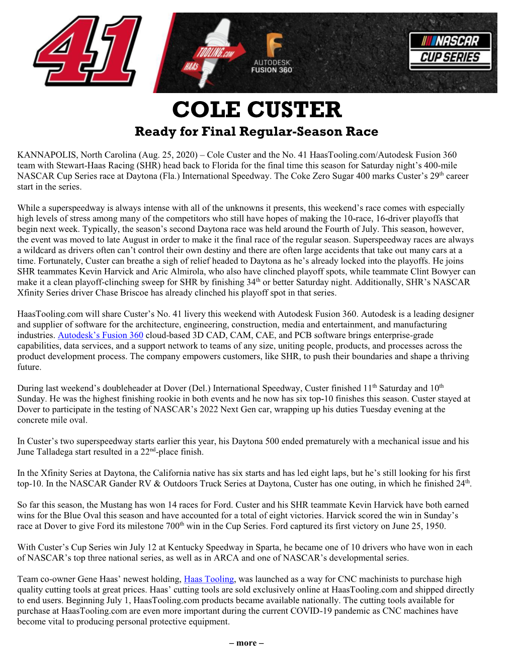 COLE CUSTER Ready for Final Regular-Season Race