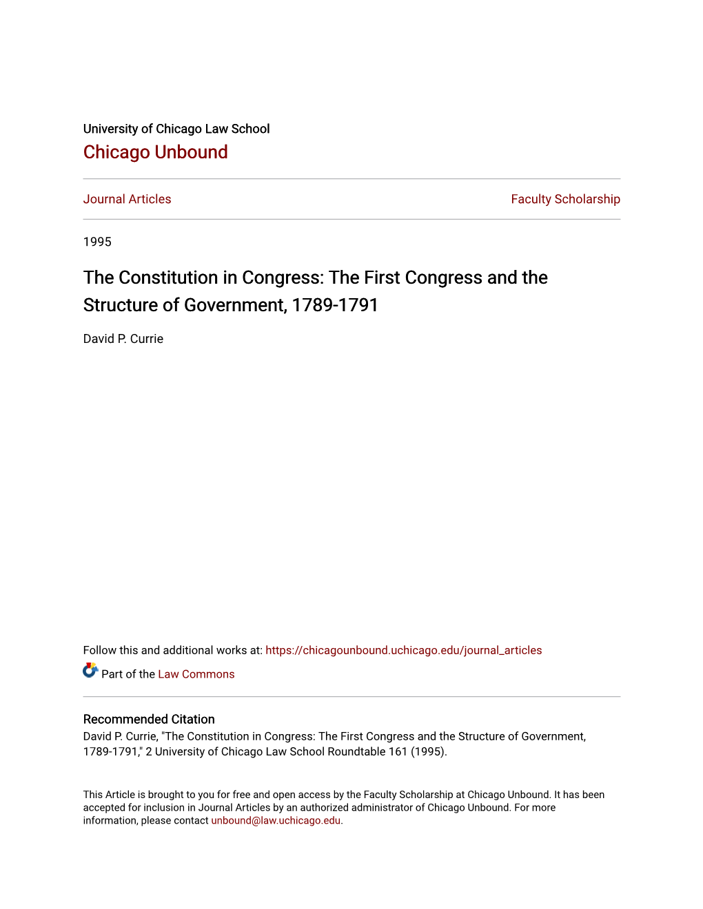 The Constitution in Congress: the First Congress and the Structure of Government, 1789-1791