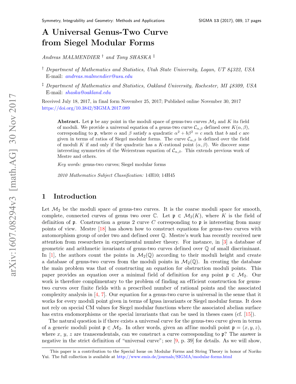 A Universal Genus-Two Curve from Siegel Modular Forms