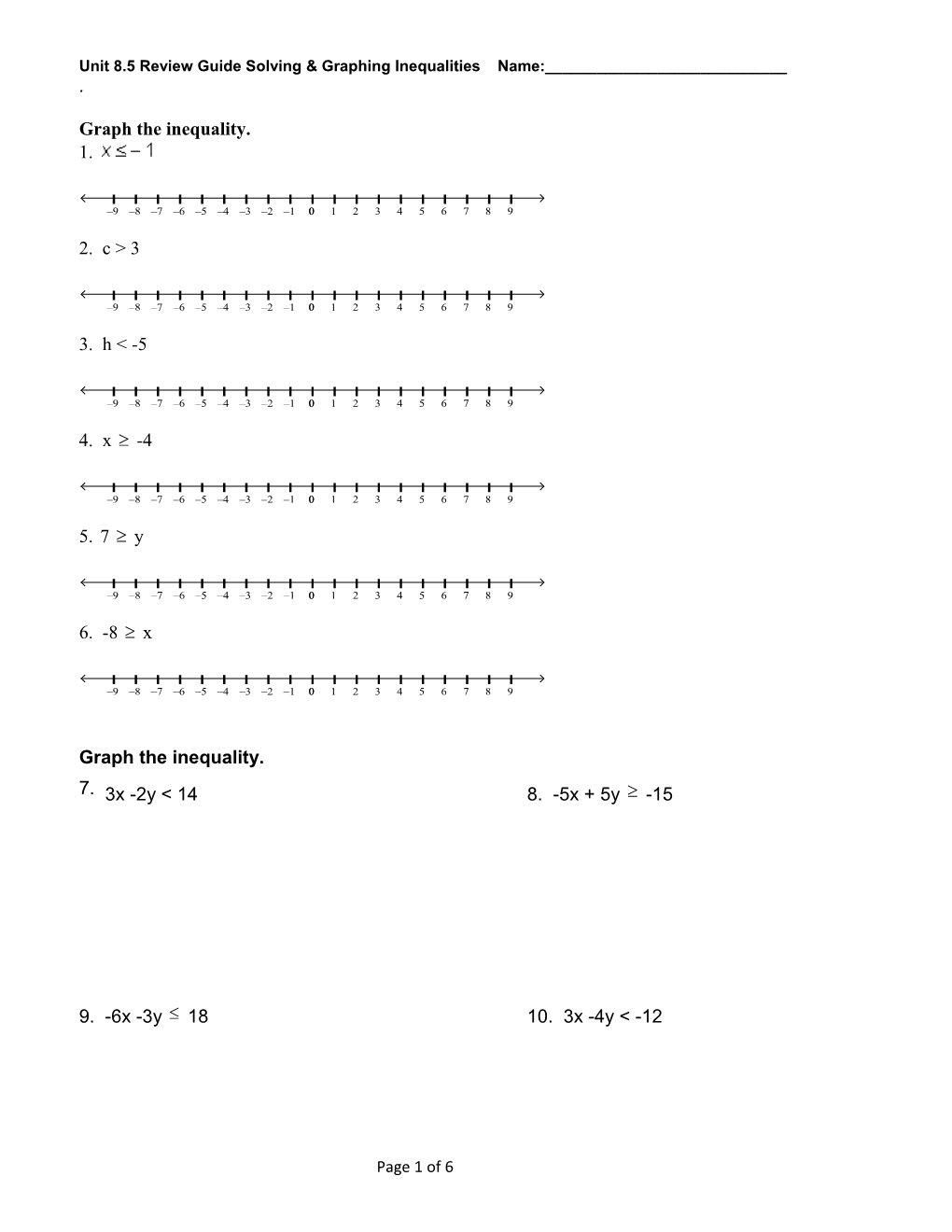 Unit 8.5 Review Guide Solving & Graphing Inequalities Name:______