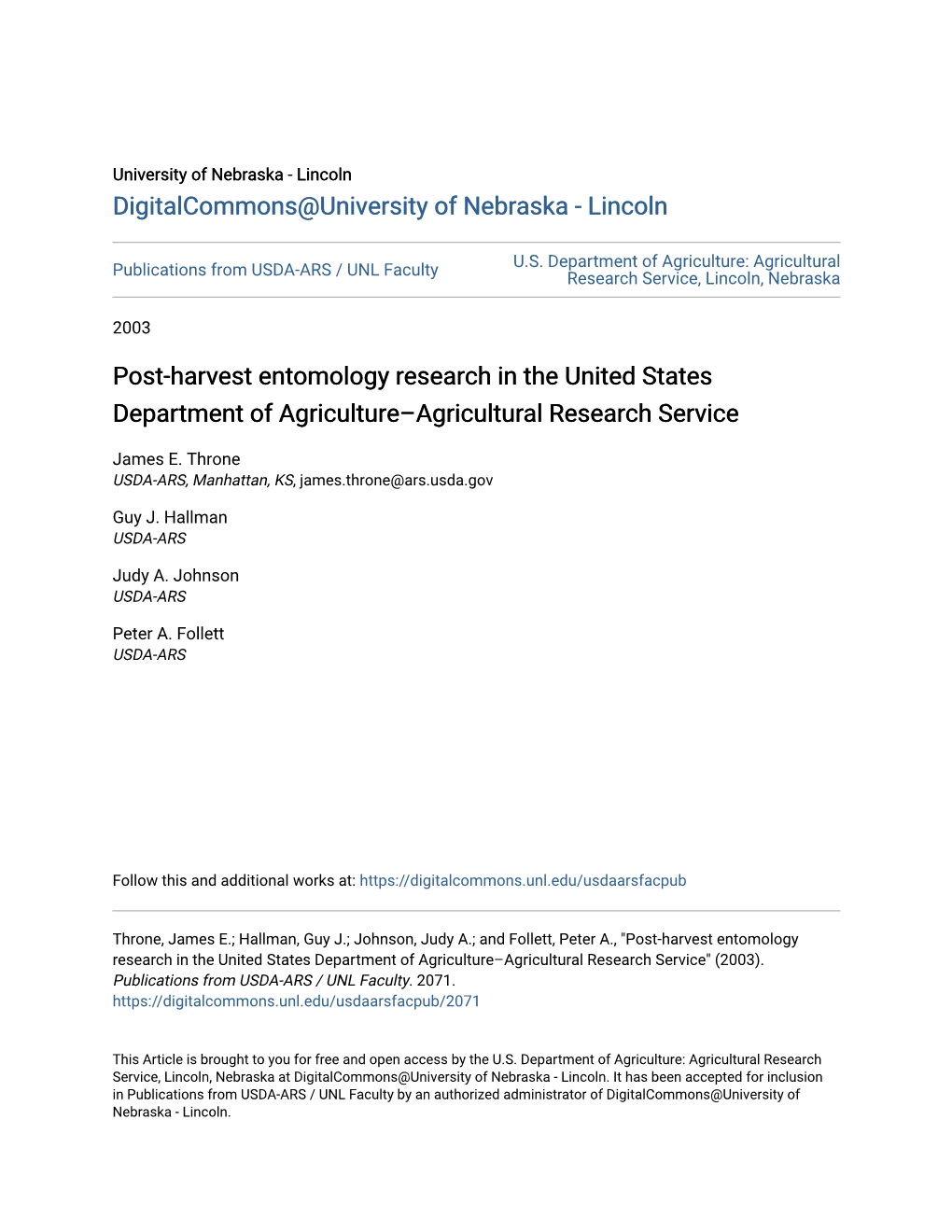 Post-Harvest Entomology Research in the United States Department of Agriculture–Agricultural Research Service
