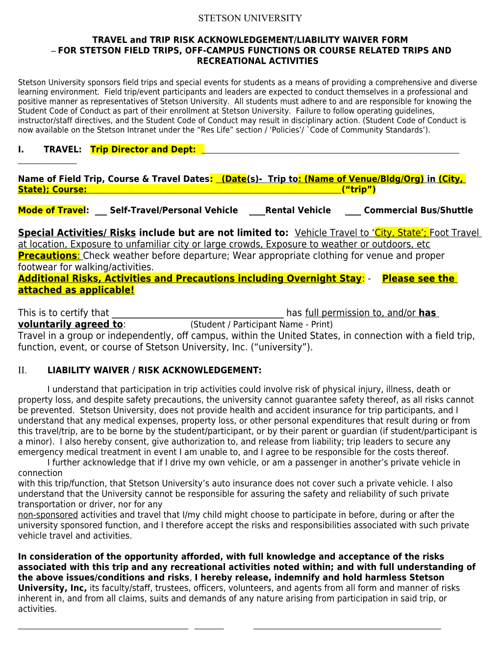 TRAVEL and TRIP RISK ACKNOWLEDGEMENT/LIABILITY WAIVER FORM