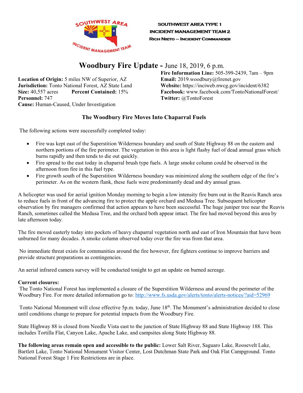 Woodbury Fire Update - June 18, 2019, 6 P.M