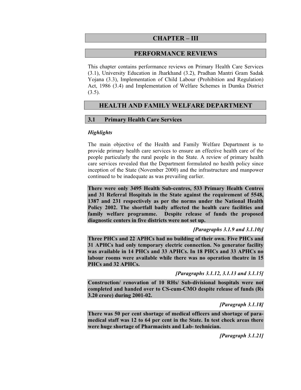 Chapter – Iii Performance Reviews Health and Family Welfare Department