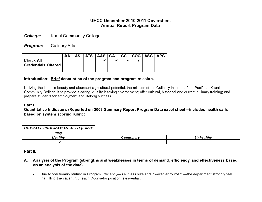 UHCC Annual Report Instructional Program Data on Fall 2006 Data