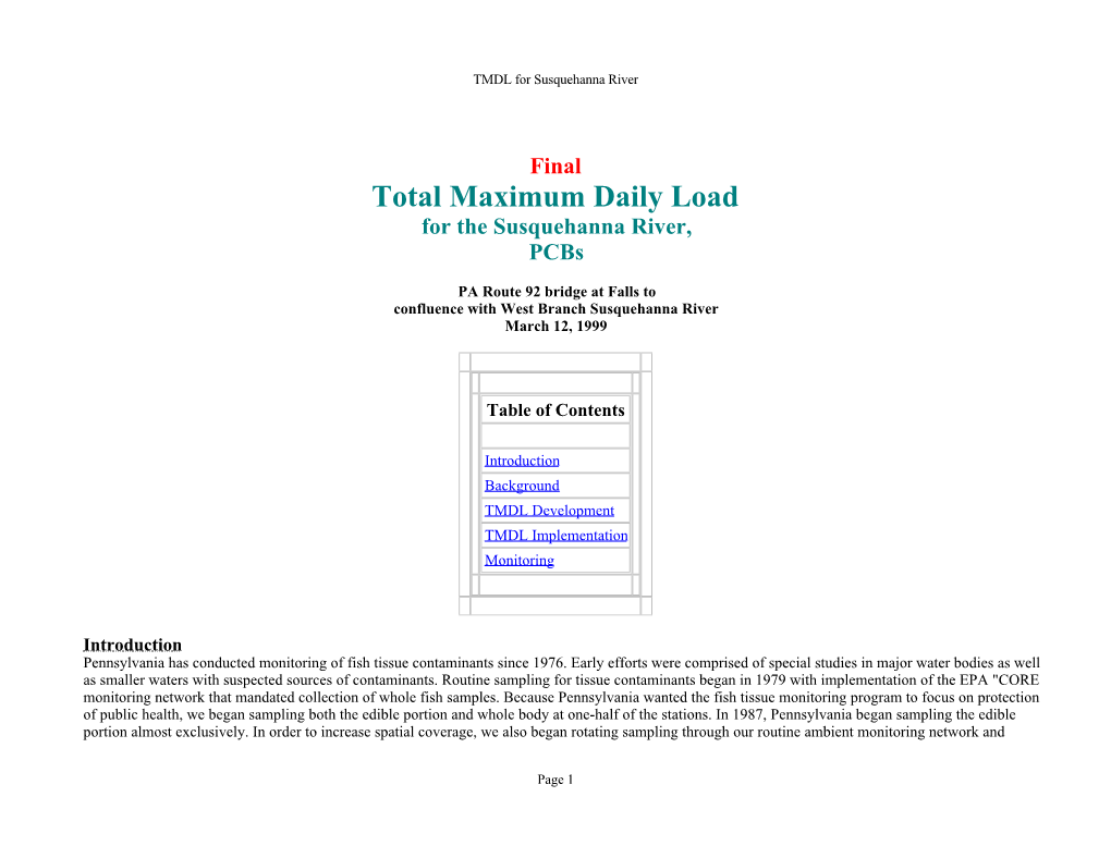 Total Maximum Daily Load for the Susquehanna River, Pcbs