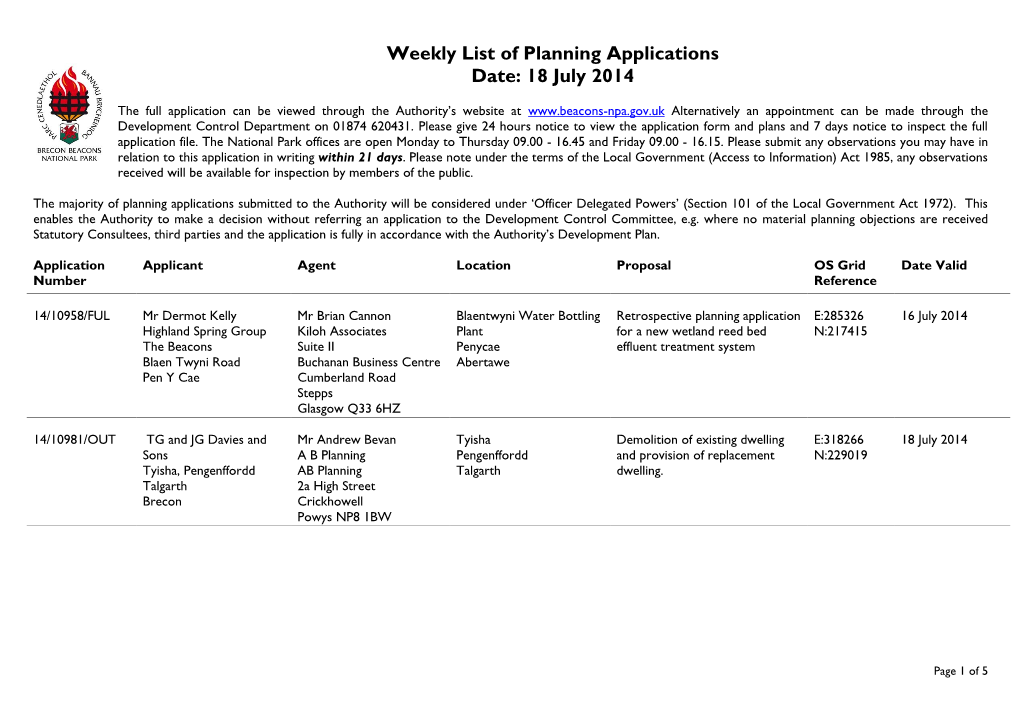 Weekly List of Planning Applications Date: 18 July 2014