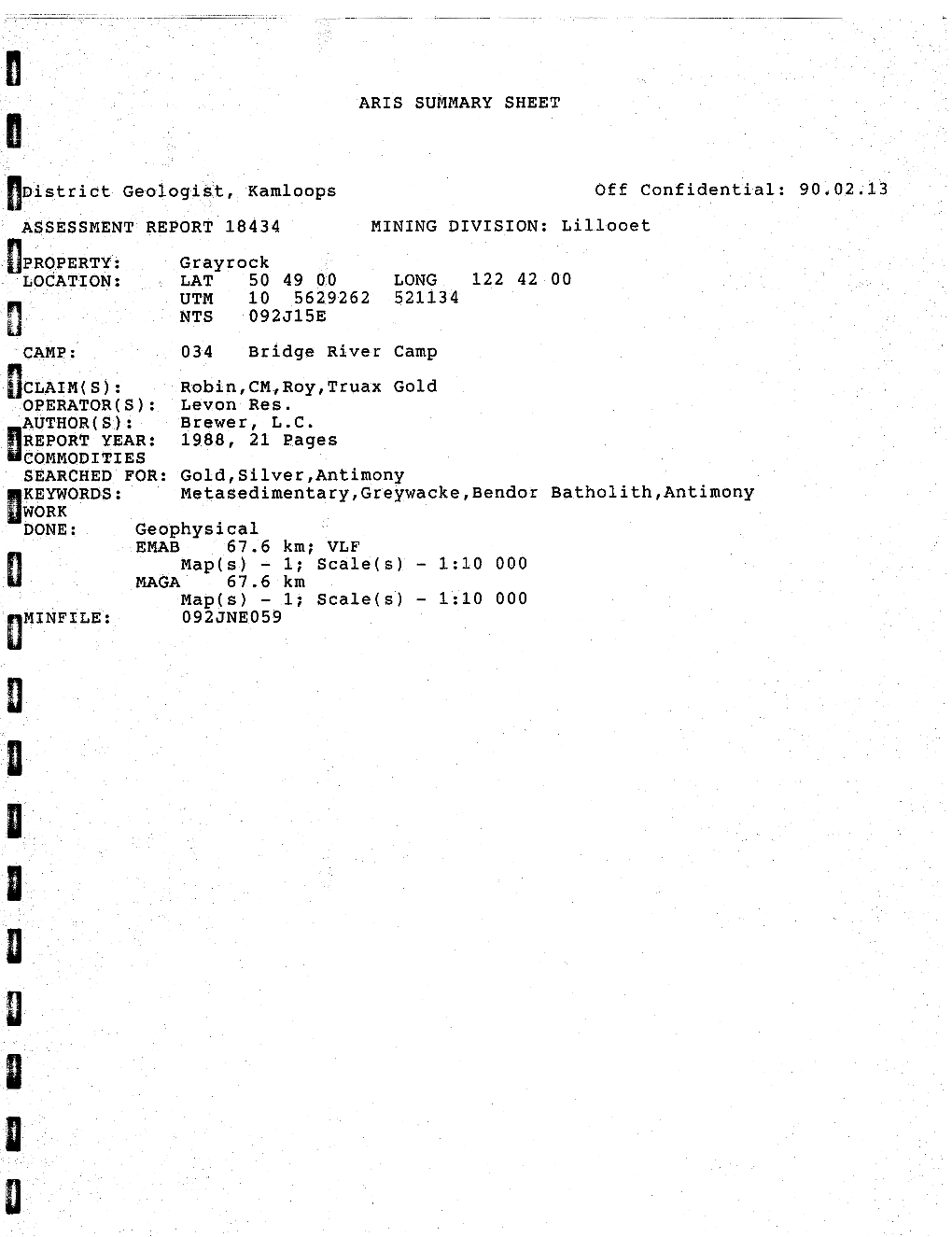 ARIS SUMMARY SHEET District Geologist, Kamloops Off