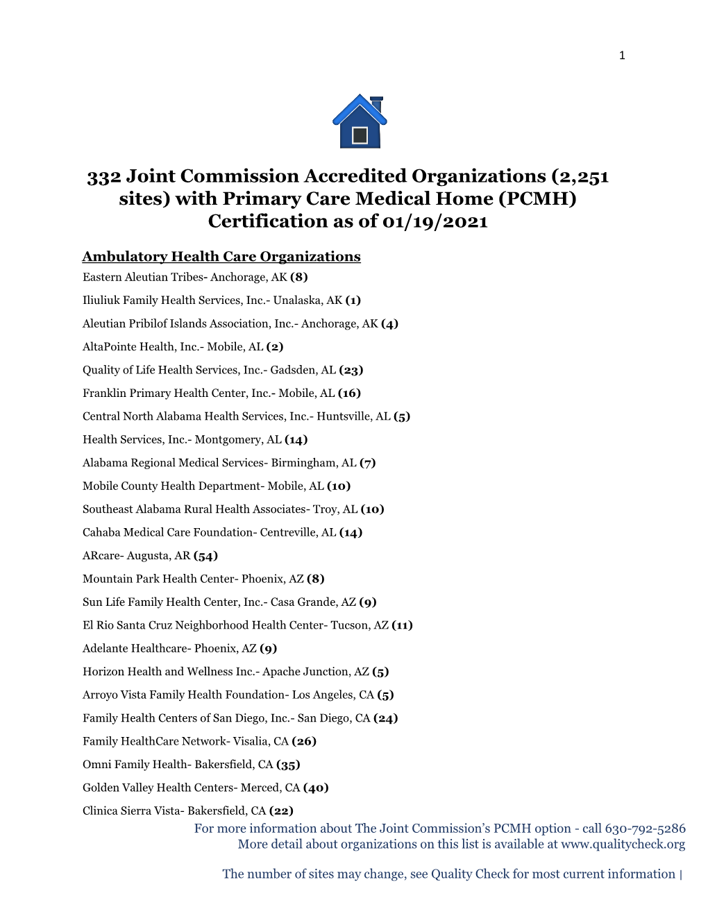 With Primary Care Medical Home (PCMH) Certification As of 01/19/2021