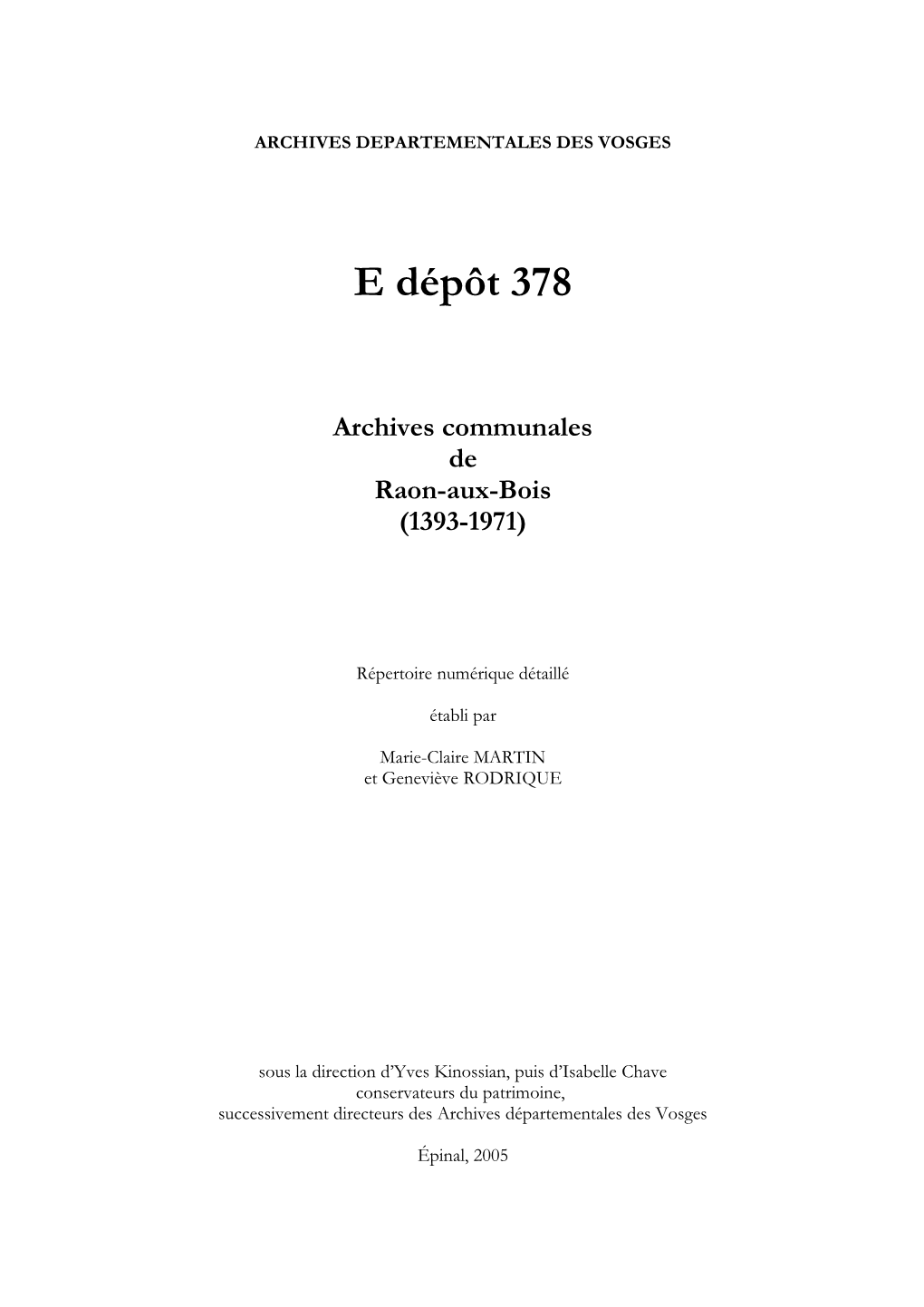 E Dépôt 378 Archives Communales De Raon-Aux-Bois