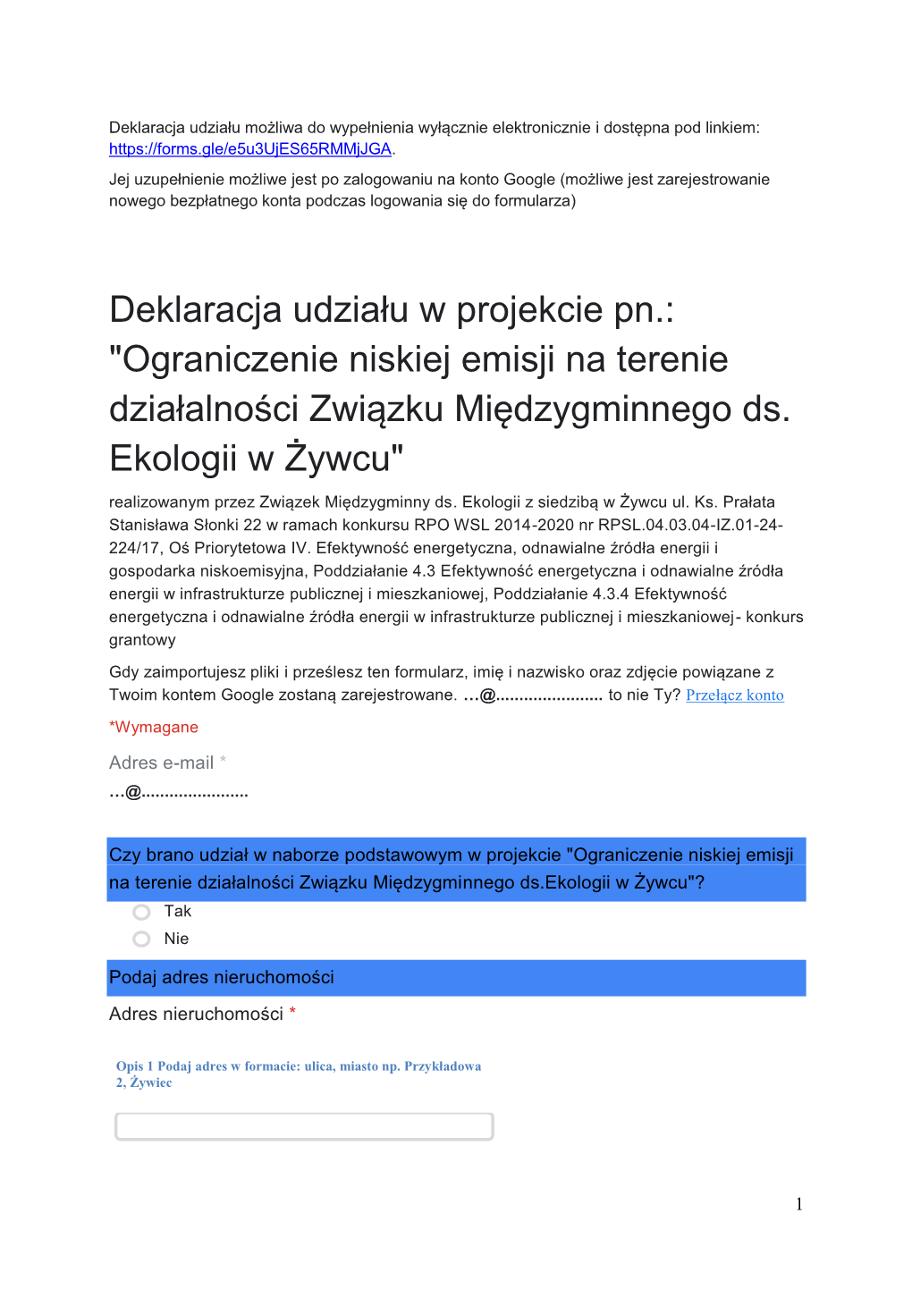 Deklaracja Udziału W Projekcie Pn.: "Ograniczenie Niskiej Emisji Na Terenie Działalności Związku Międzygminnego Ds