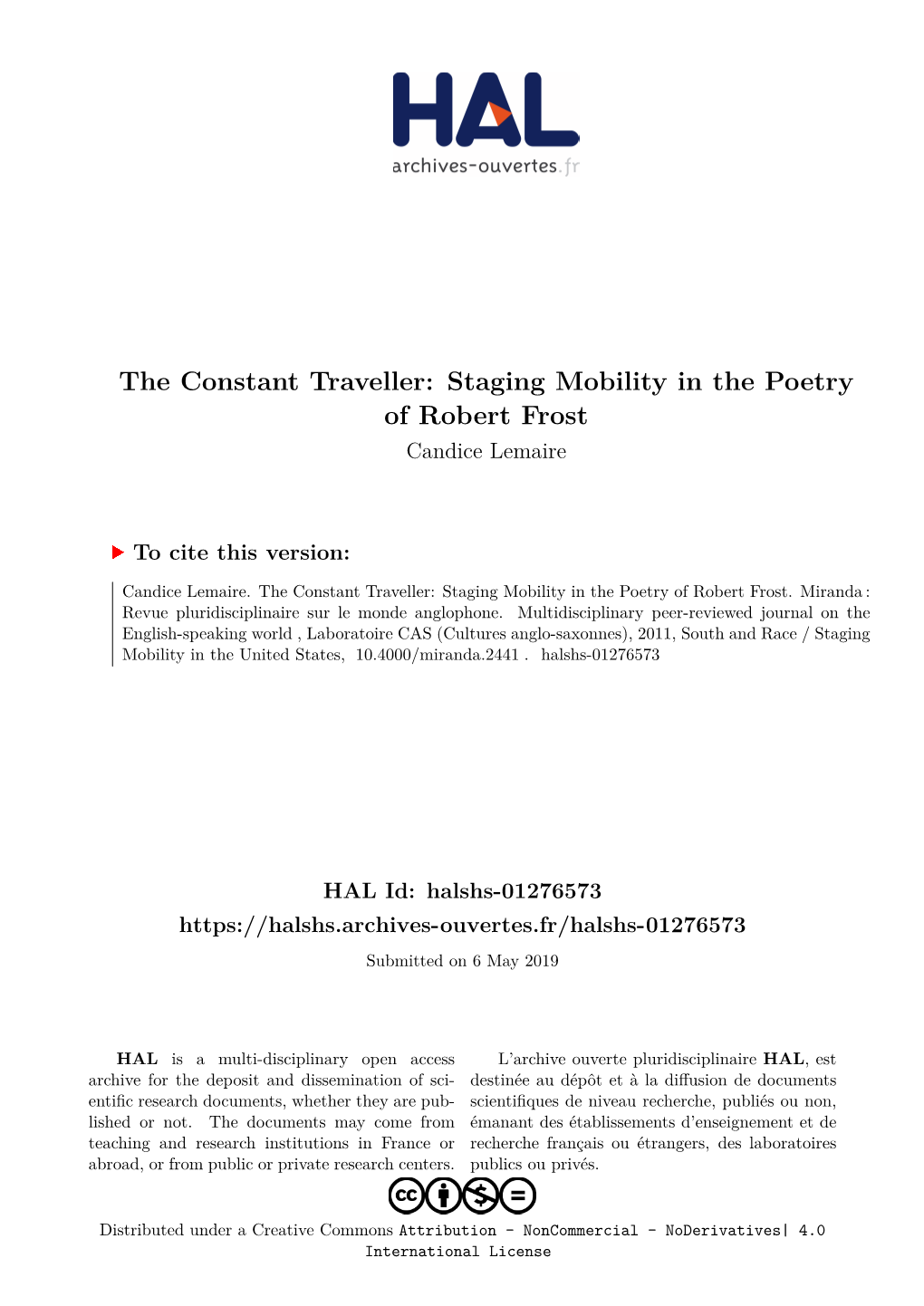 Staging Mobility in the Poetry of Robert Frost Candice Lemaire