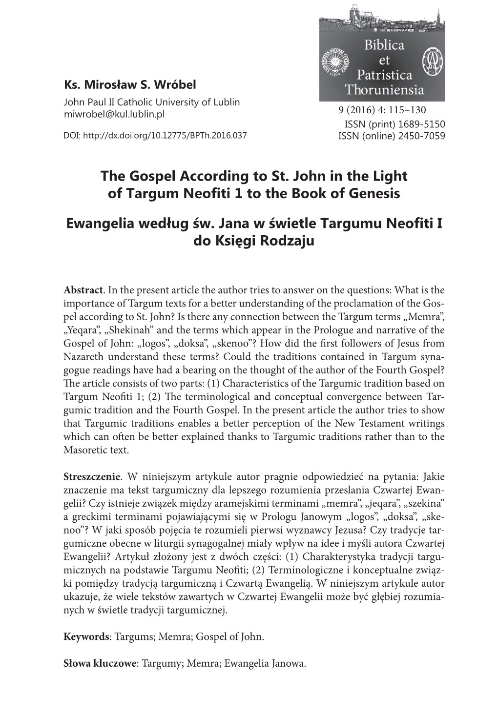 The Gospel According to St. John in the Light of Targum Neofiti 1 to the Book of Genesis