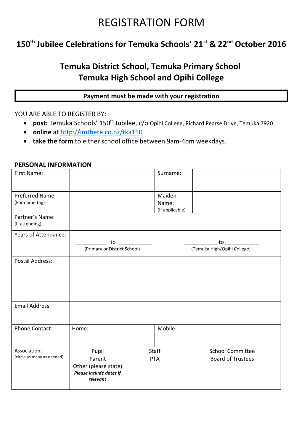 REGISTRATION FORM: 125Th Jubilee Celebrations for Central New Brighton School on 25Th &