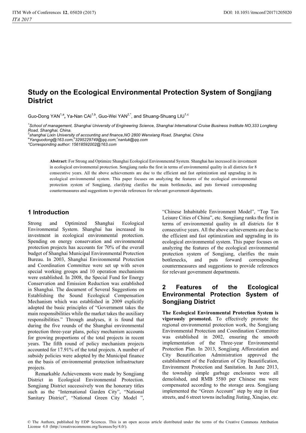 Study on the Ecological Environmental Protection System of Songjiang District