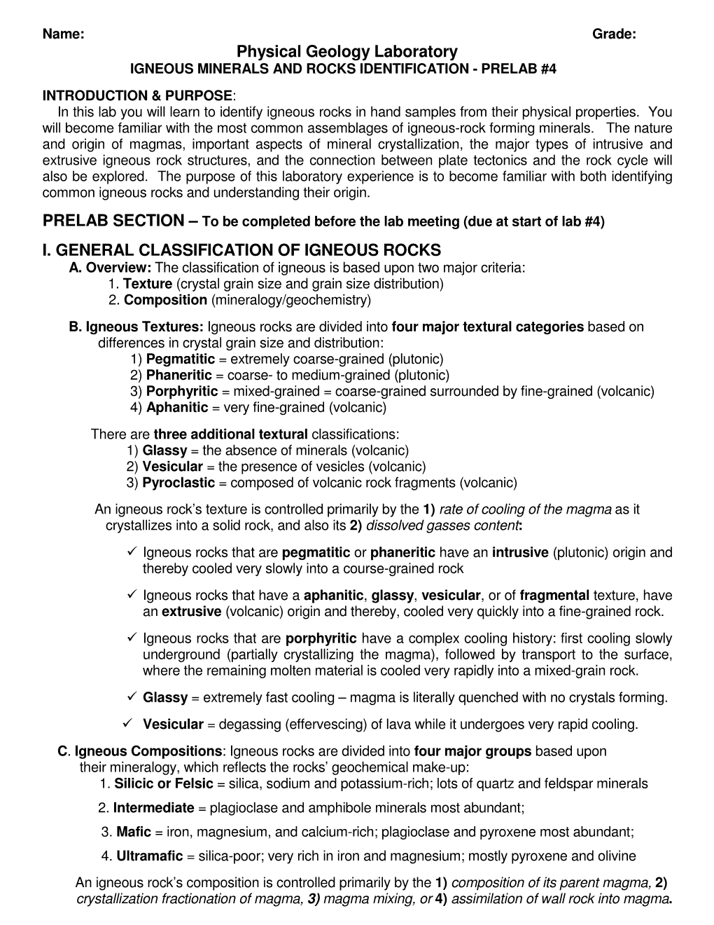 Physical Geology Laboratory I. GENERAL CLASSIFICATION OF