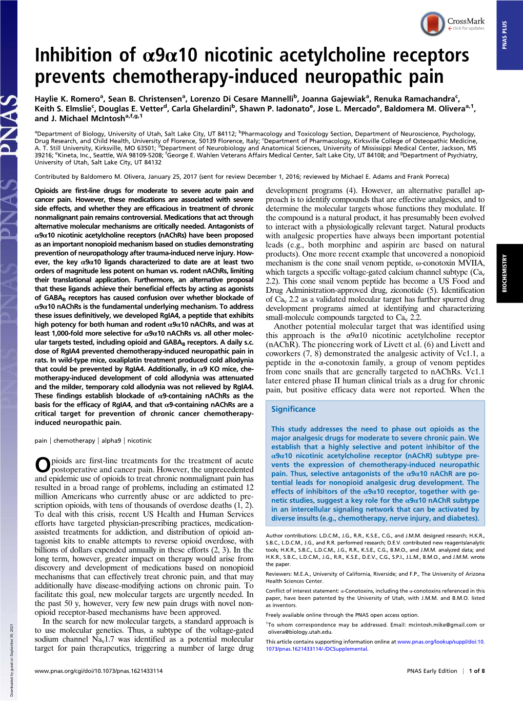 Inhibition of Α9α10 Nicotinic Acetylcholine Receptors Prevents