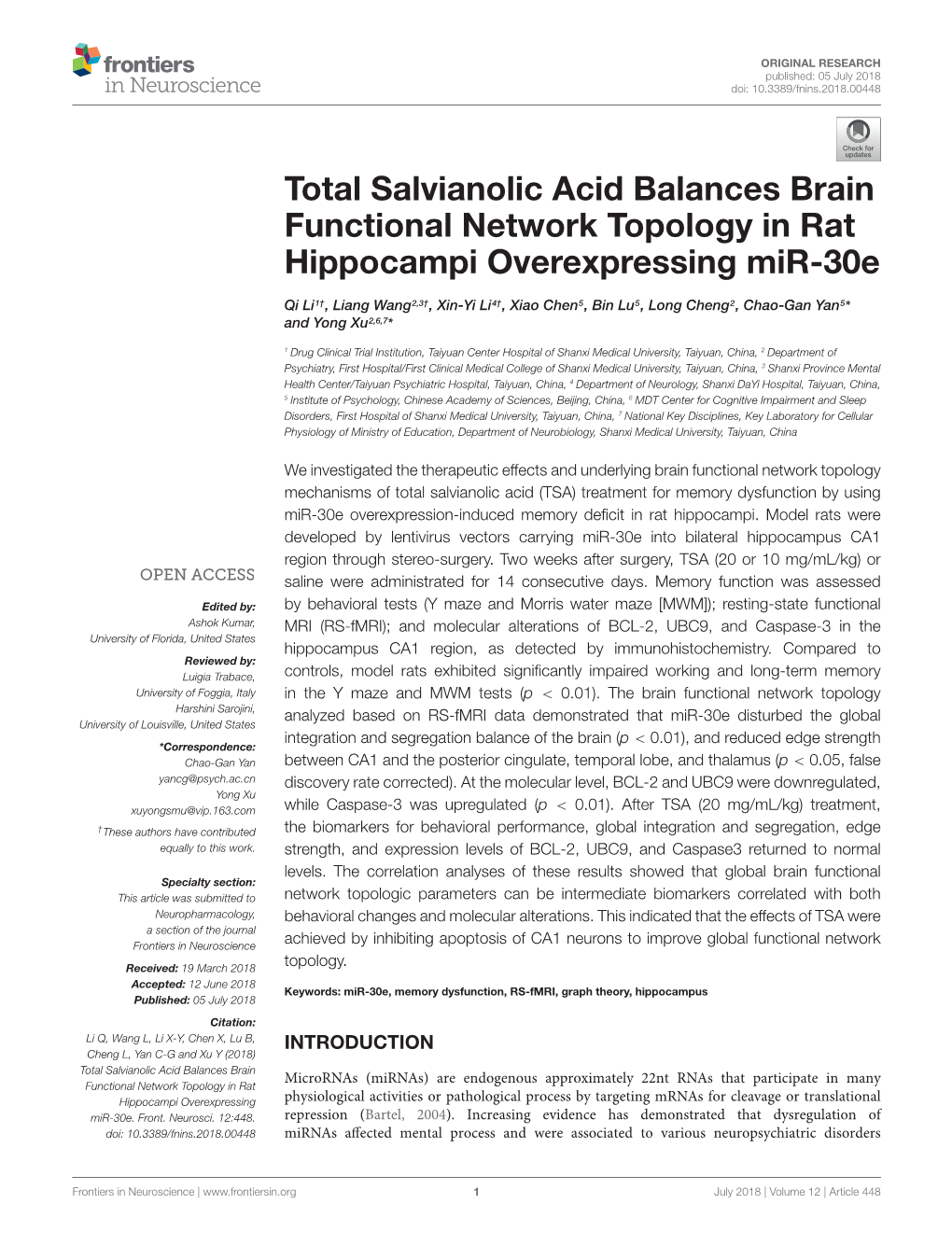 Total Salvianolic Acid Balances Brain Functional Network Topology in Rat Hippocampi Overexpressing Mir-30E