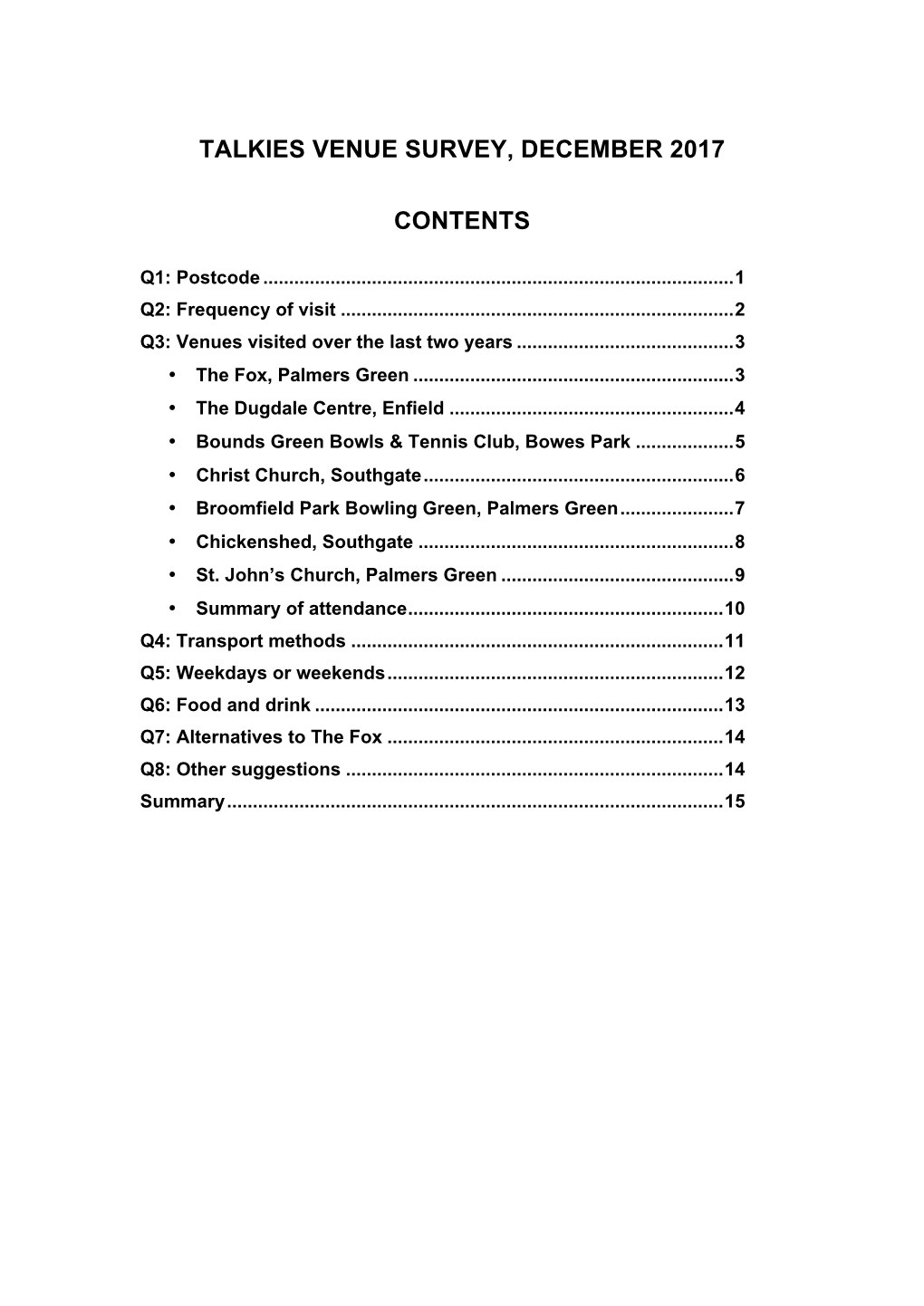 Talkies Venue Survey, December 2017 Contents