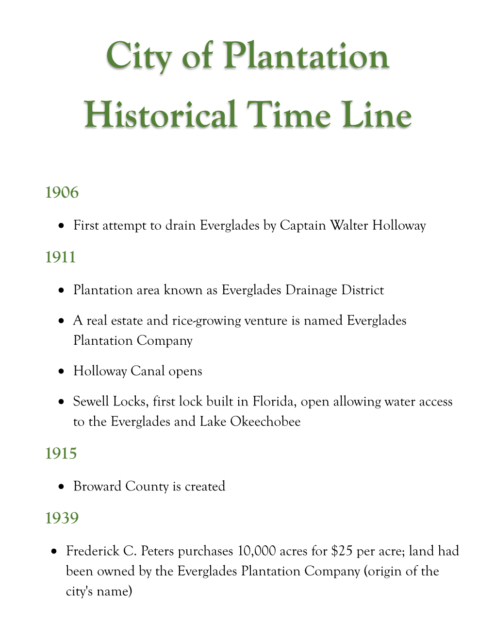 City of Plantation Historical Time Line