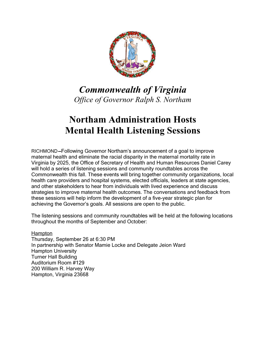 Commonwealth of Virginia Northam Administration Hosts Mental Health