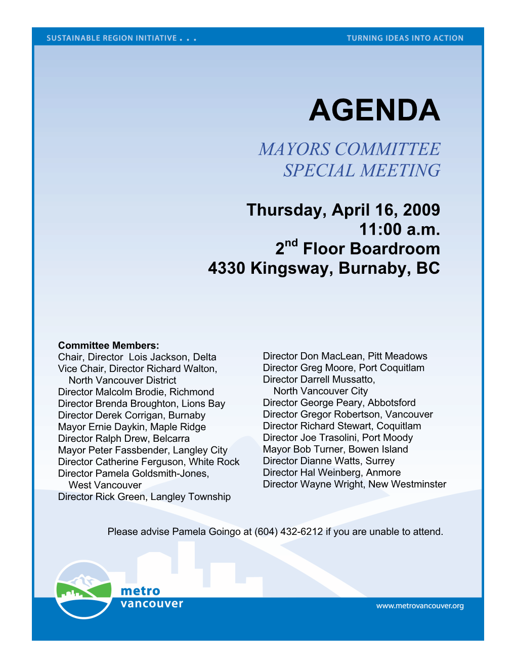 Mayors Committee-April 16, 2009-Special Meeting-Agenda