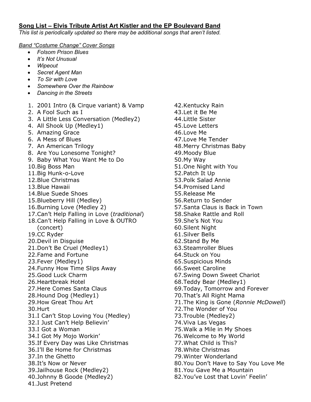 Song List – Elvis Tribute Artist Art Kistler and the EP Boulevard Band This List Is Periodically Updated So There May Be Additional Songs That Aren’T Listed