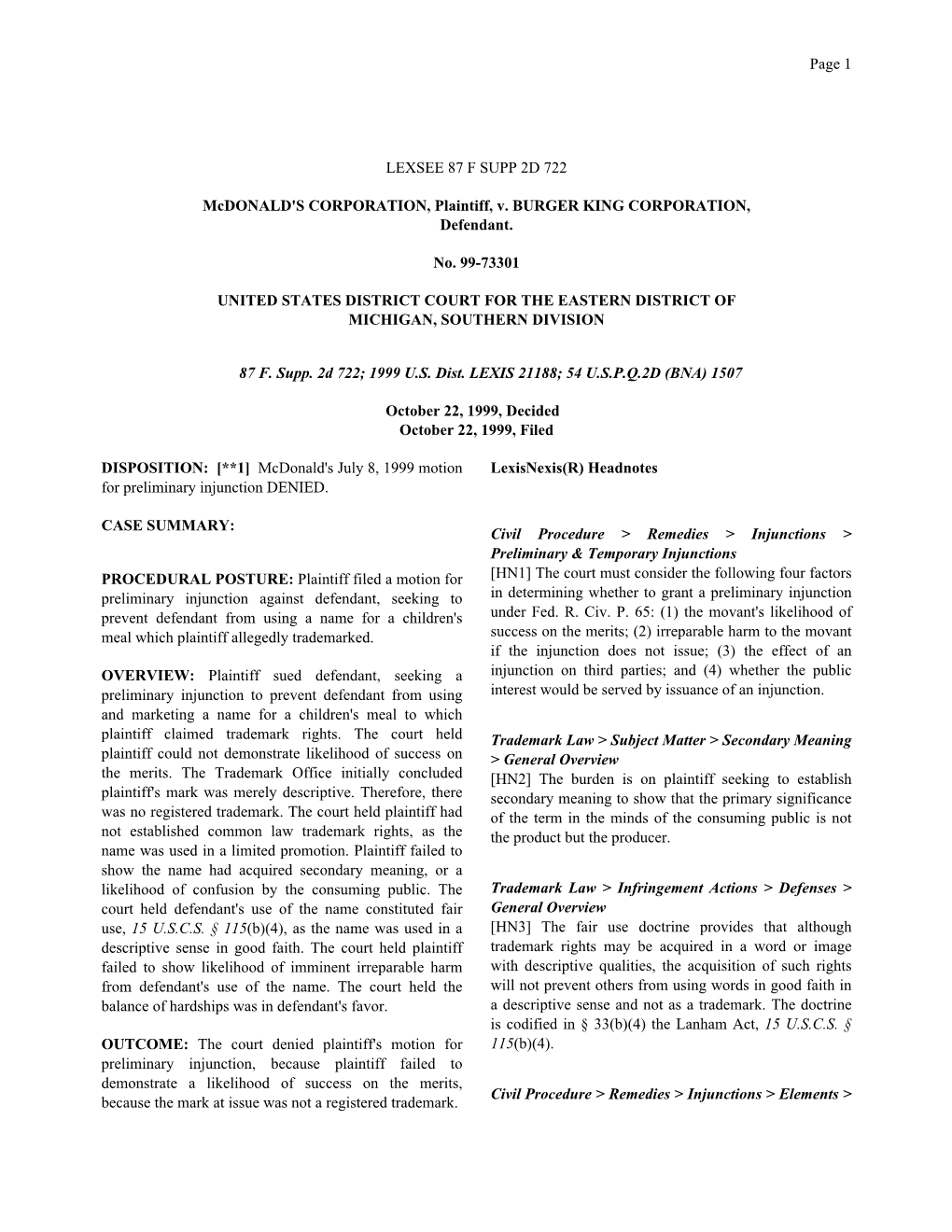 LEXSEE 87 F SUPP 2D 722 Mcdonald's CORPORATION, Plaintiff, V. BURGER KING CORPORATION, Defendant. No. 99-73301 UNITED STATES