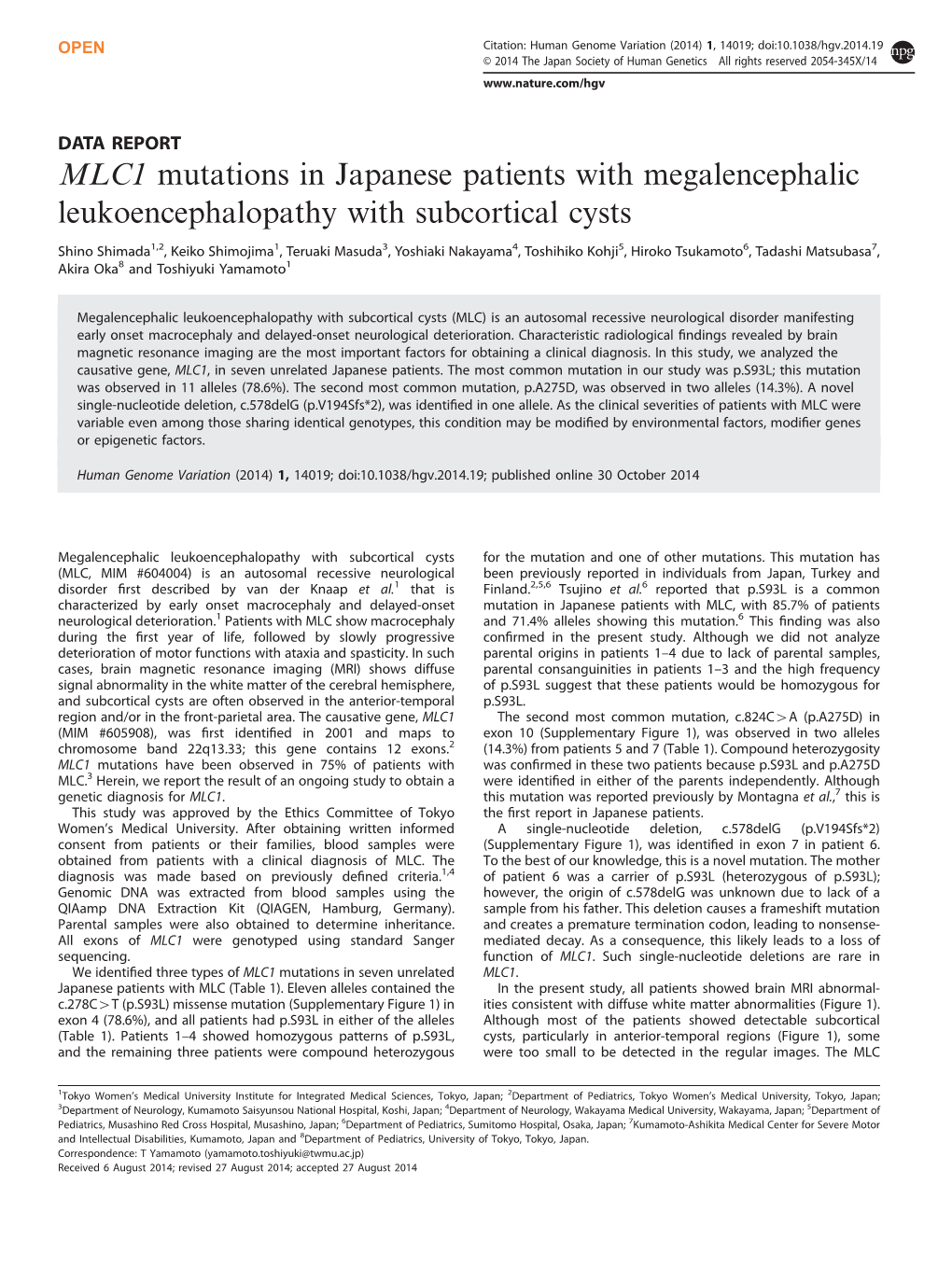 MLC1 Mutations in Japanese Patients with Megalencephalic Leukoencephalopathy with Subcortical Cysts
