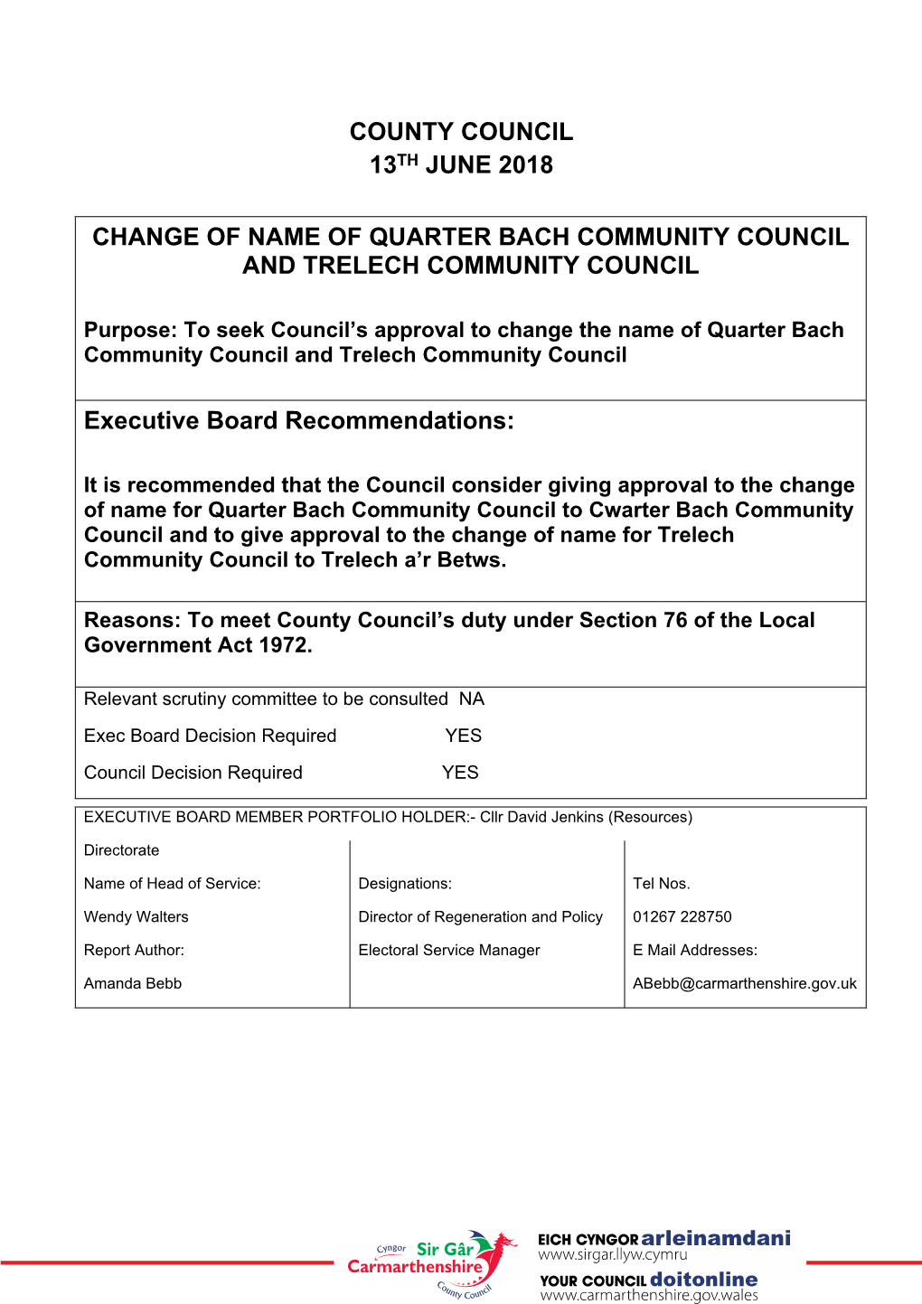 County Council 13Th June 2018 Change of Name of Quarter