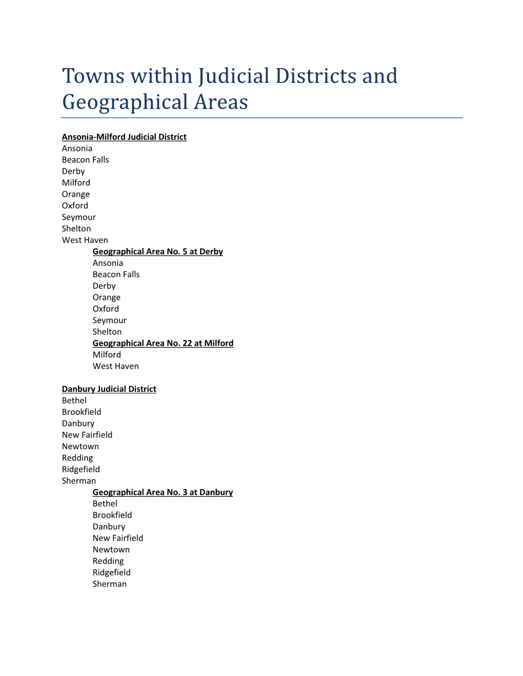 Towns Within Judicial Districts and Geographical Areas