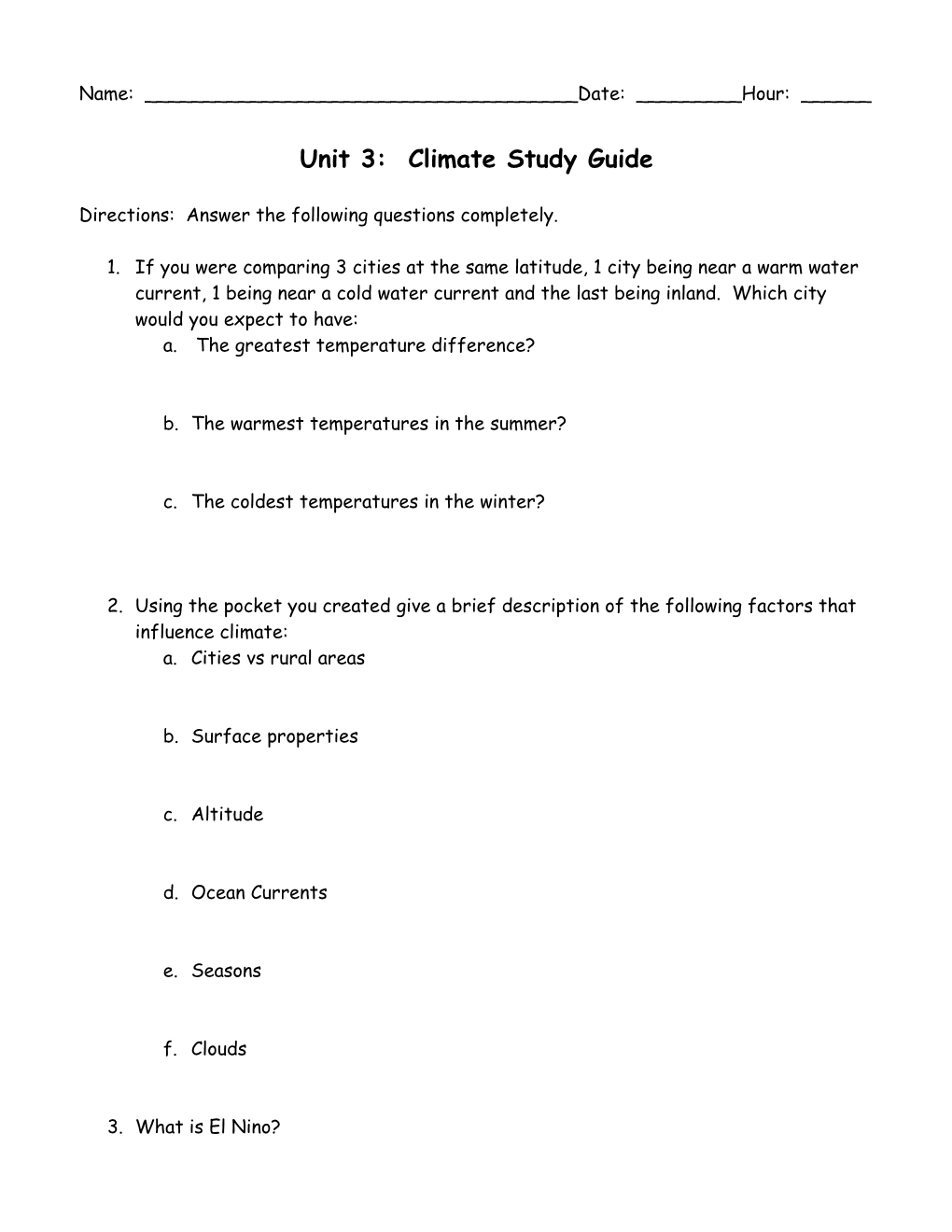 Unit 3: Climate Study Guide