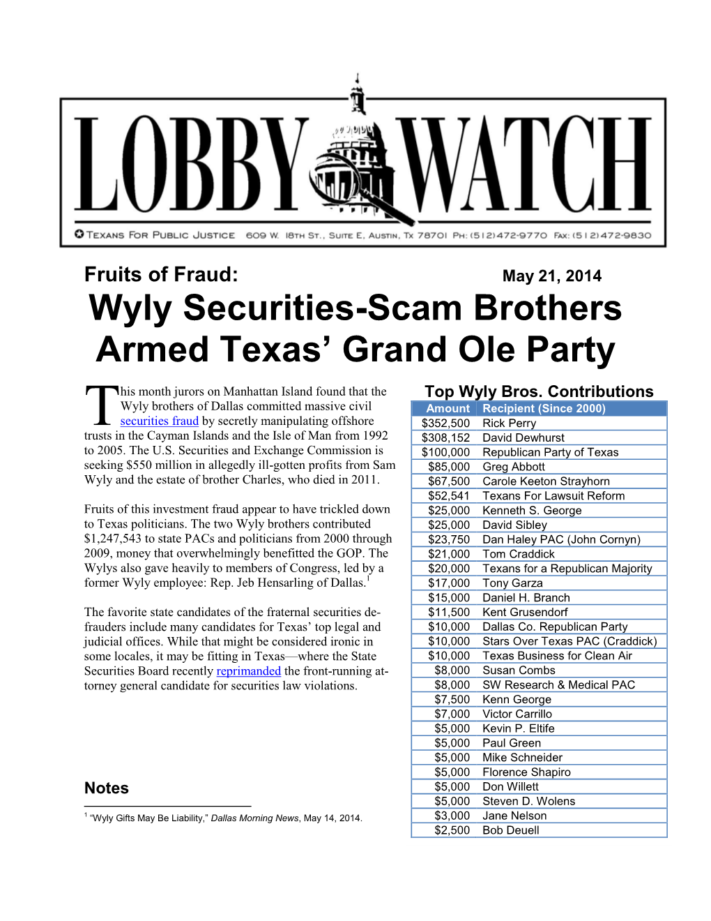 Wyly Securities-Scam Brothers Armed Texas' Grand Ole Party