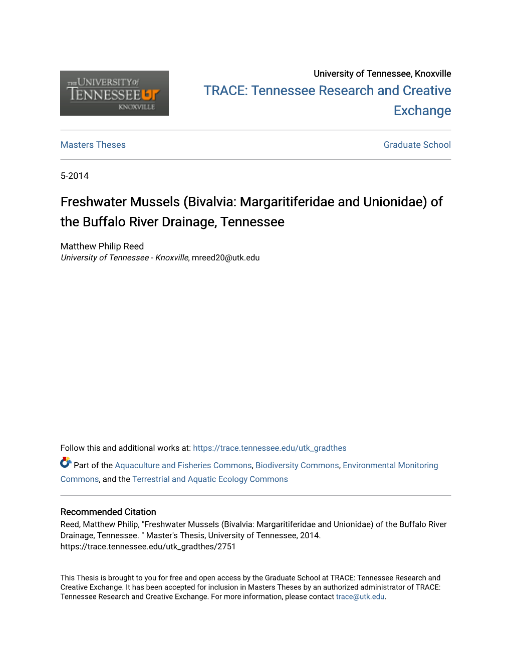 Freshwater Mussels (Bivalvia: Margaritiferidae and Unionidae) of the Buffalo River Drainage, Tennessee