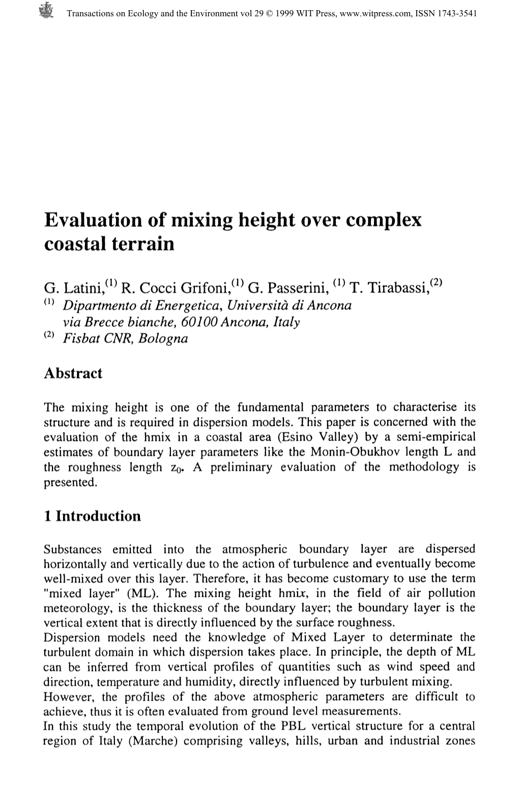 Evaluation of Mixing Height Over Complex Coastal Terrain G. Latini