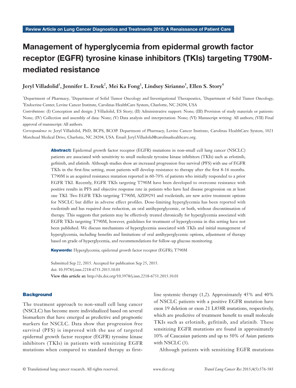 Management of Hyperglycemia from Epidermal Growth Factor Receptor (EGFR) Tyrosine Kinase Inhibitors (Tkis) Targeting T790M- Mediated Resistance