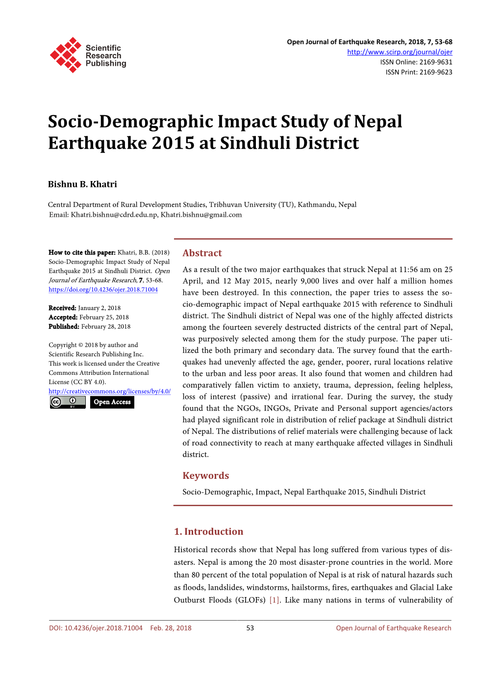 Socio-Demographic Impact Study of Nepal Earthquake 2015 at Sindhuli District
