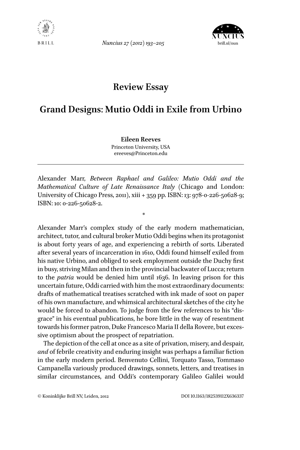 Review Essay Grand Designs: Mutio Oddi in Exile from Urbino