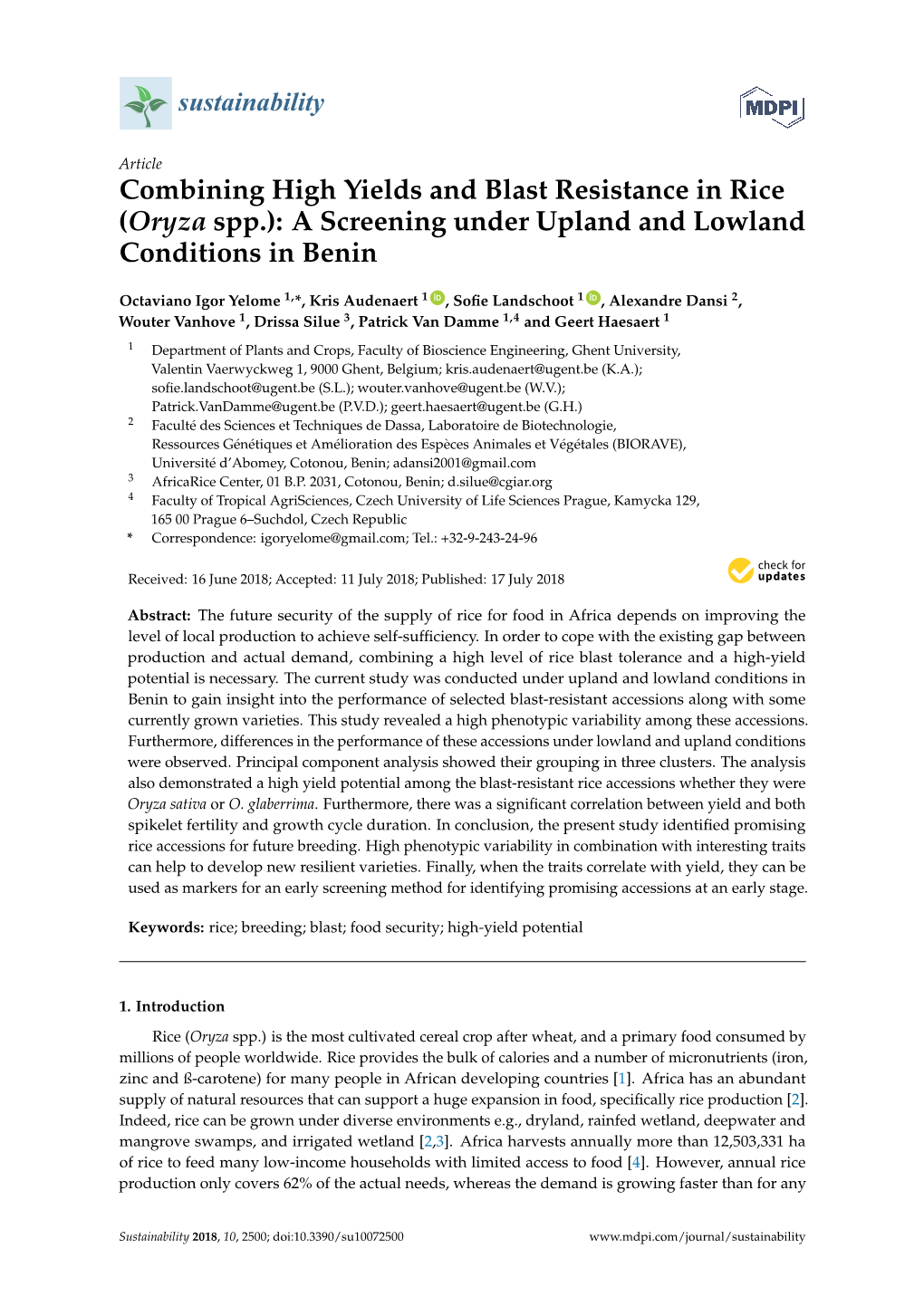 Combining High Yields and Blast Resistance in Rice (Oryza Spp.): a Screening Under Upland and Lowland Conditions in Benin