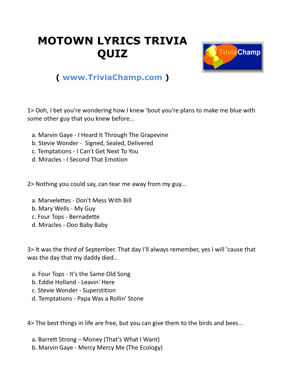 Motown Lyrics Trivia Quiz