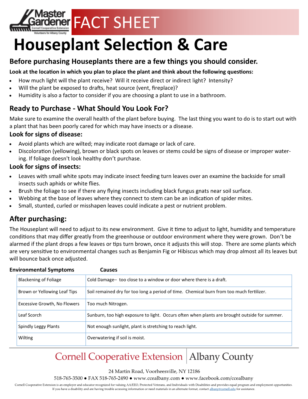 FACT SHEET Houseplant Selection & Care